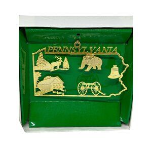 VTG Pennsylvania State Gold Metal Souvenir Ornament Liberty Bell Bear Boxed 3x2